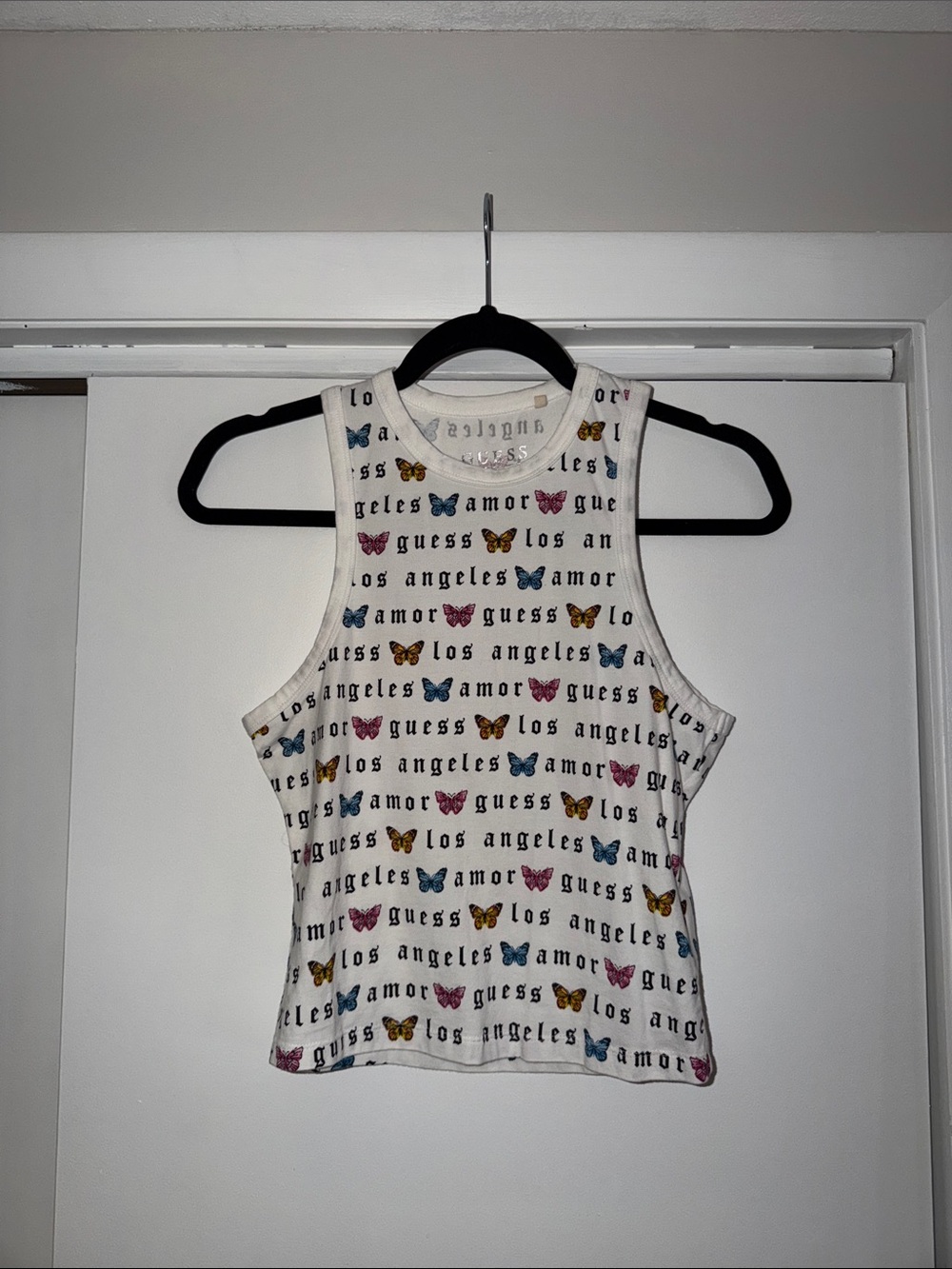 GUESS White Crop Tank with Multicolor Butterfly & 'Los Angeles' Script